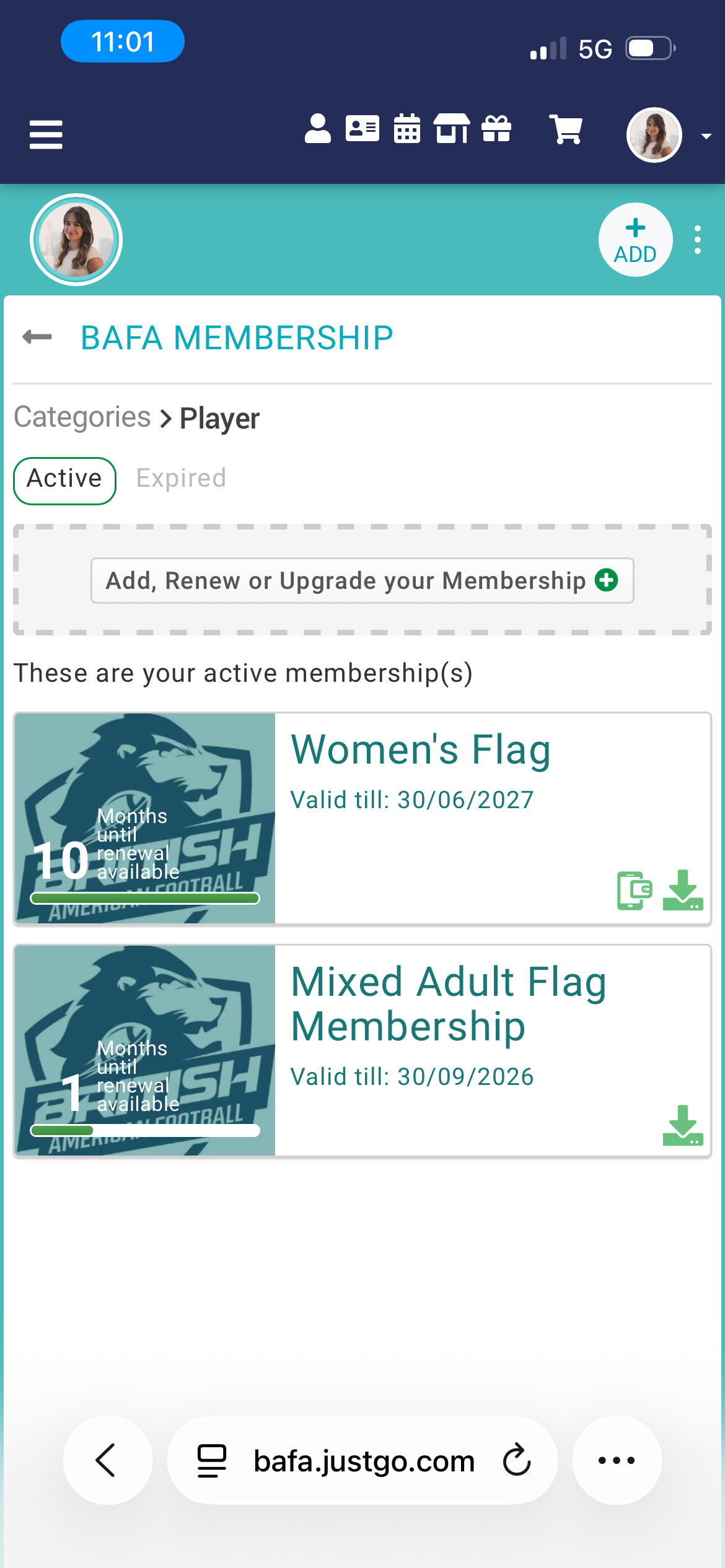JustGo membership page