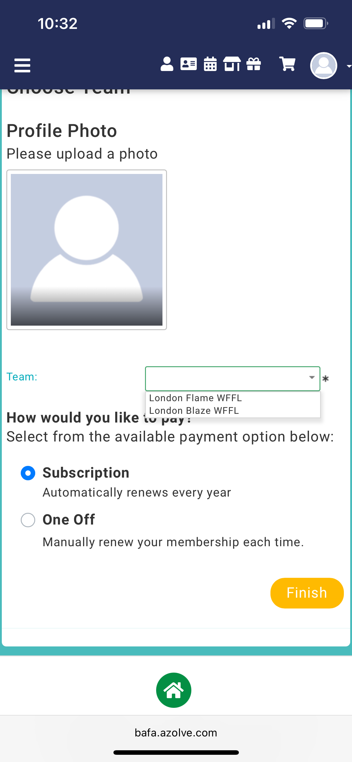 Team selection dropdown